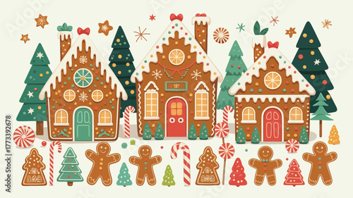 Whimsical gingerbread village with christmas trees and candies