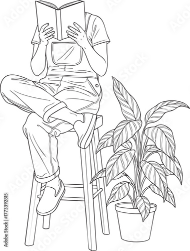 Line art of a person in overalls reading a book on a stool next to a large potted houseplant.