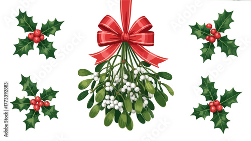 Christmas mistletoe and holly sprigs with a red bow