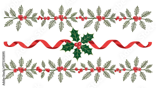 Christmas holly and berry borders with red ribbon