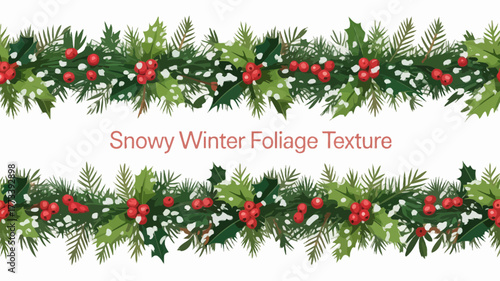 Festive snowy holly and pine branch border with red berries