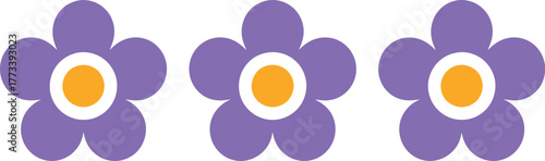 Three vibrant purple flowers with orange centers, creating a visually appealing pattern