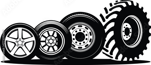 Evolution of Wheel Design From Car to Tractor Tires in Black and White
