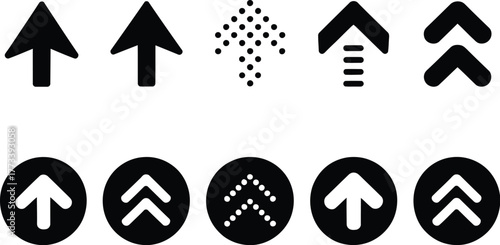 Collection of ten black arrow icons pointing upwards, showcasing various design styles such as solid, dotted, chevron, and arrows within circles