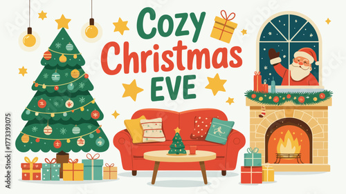 Cozy christmas eve scene with santa and decorated tree