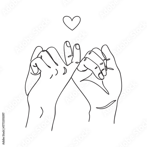 Minimalist oneline drawing of two hands in a pinky promise gesture with a small heart symbolizing love and commitment.