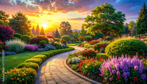 Fototapeta Naklejka Na Ścianę i Meble -  Scenic landscape featuring a winding stone path through a vibrant garden, illuminated by a warm, colorful sunset