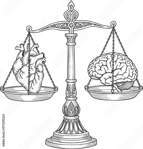 Ornate vintage balance scale weighing an anatomical human heart against a brain a black and white line art illustration.