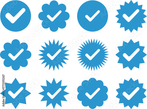 Collection of blue checkmark icons representing verification, approval, and confirmation in various designs