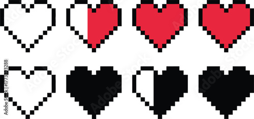 Pixelated Heart Icons Set - Health Bars and Game Status Indicators