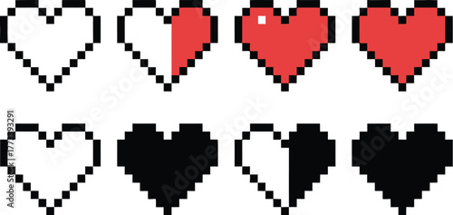 Pixel Heart Icons Representing Health and Love in Vector Format