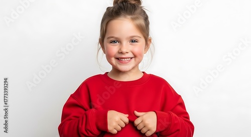 A young child with brown hair styled in a bun smiles broadly while wearing a red sweatshirt.