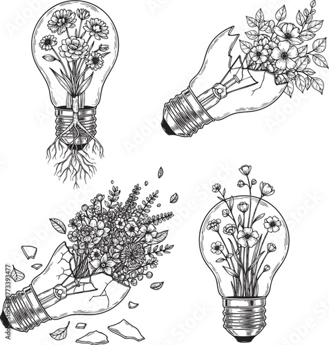 Set of four handdrawn light bulb illustrations with flowers roots and broken glass details.