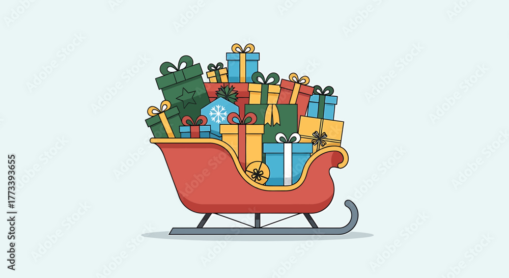 Fototapeta premium A red sleigh overflowing with a colorful assortment of wrapped Christmas presents, ready for delivery.