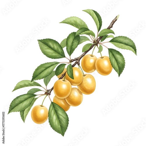 Botanical Illustration of Yellow Plums on Branch with Green Leaves