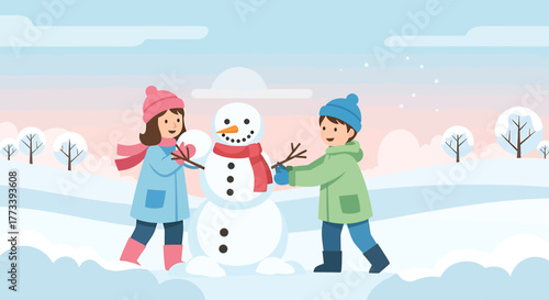 Children building a snowman in a snowy landscape with trees and a cloudy sky.