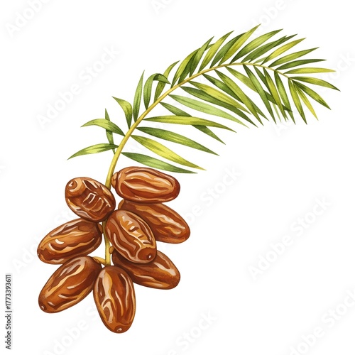 Watercolor Dates Fruit Bunch on Palm Leaf Illustration - Ripe Phoenix Dactylifera Isolated on White