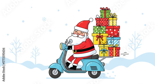 Santa Claus riding a blue scooter through a snowy winter landscape, delivering a tall stack of colorful Christmas presents.