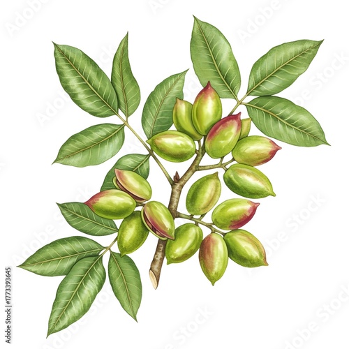 Pistachio Branch Botanical Illustration with Green Leaves and Developing Nuts