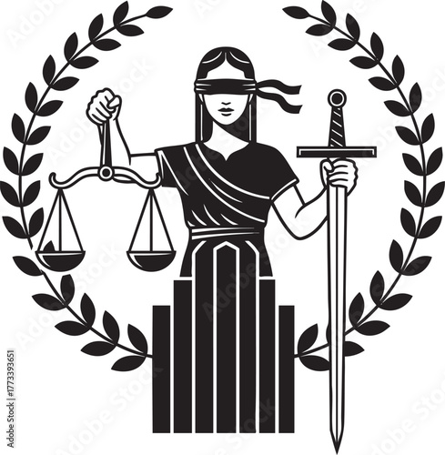 Stylized black and white emblem of a blindfolded Lady Justice holding scales and a sword framed by a laurel wreath.