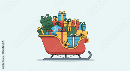 A red sleigh overflowing with a colorful assortment of wrapped Christmas presents, ready for delivery.