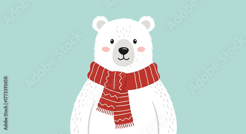 A cute cartoon polar bear wearing a red knitted scarf against a light blue background.