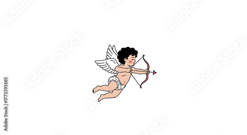 A charming cartoon illustration of Cupid, the Roman god of love, flying with his bow and arrow on a white background.