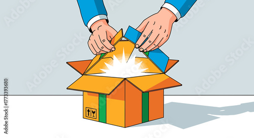 Hands opening a cardboard box with a bright light emanating from within.