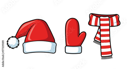 A set of red Christmas accessories including a Santa hat, a mitten, and a striped scarf.