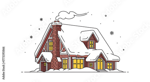Illustration of a cozy house covered in snow with smoke coming from the chimney.