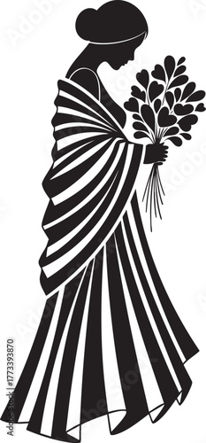 Stylized black silhouette of a woman in a flowing striped gown holding a leafy bouquet.