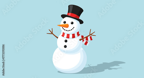 A cheerful cartoon snowman wearing a black top hat and a red and white striped scarf on a light blue background.