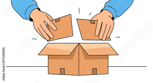 Hands assembling a cardboard box by folding its flaps inwards.