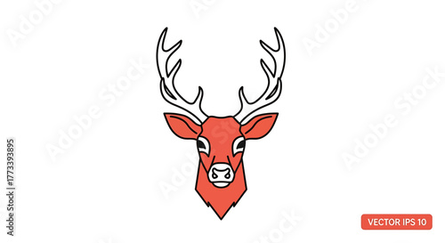Front view illustration of a deer head with antlers, featuring a red color scheme and a white background.