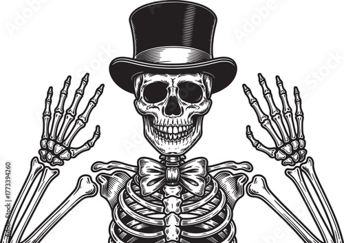 Skeleton with top hat and bow tie illustration - American Ghost Walks