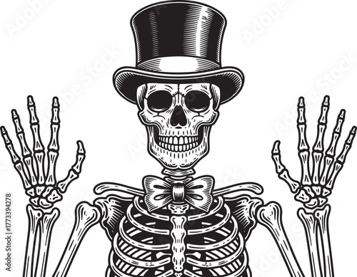 Skeleton with top hat and bow tie illustration - American Ghost Walks