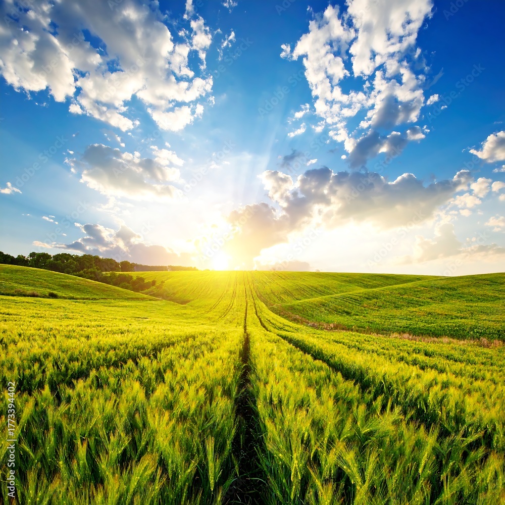 Fototapeta premium Sunrise over a vibrant green field