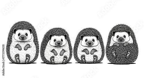 Four adorable hedgehogs sitting together with transparent background