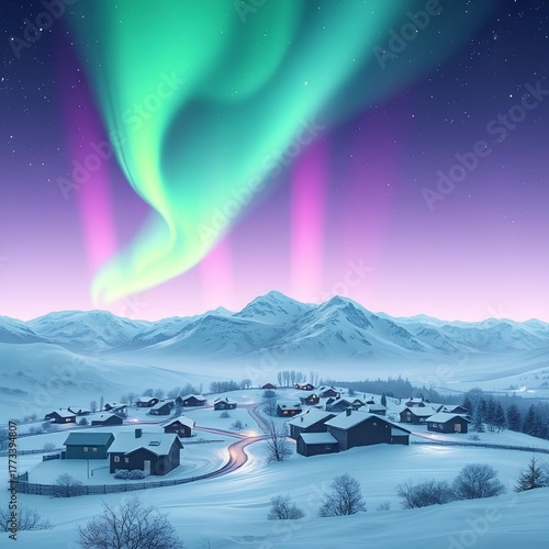 Northern Lights Over Village