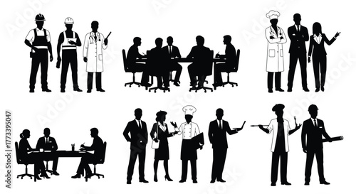 Set of diverse professional silhouette icons illustration of workers in various occupations isolated on white background