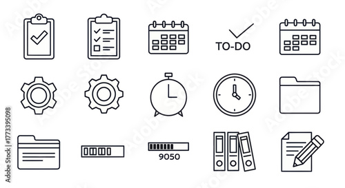 A collection of line art icons representing various business and productivity concepts, including calendars, to-do lists, clocks, gears, and folders.