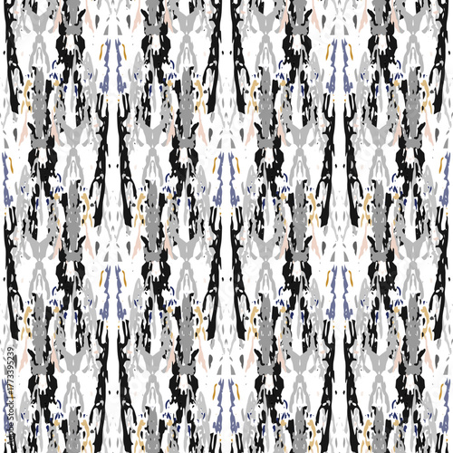 Ikat batik print modern style, shibori fabric design. Tribal embroidery ethnic seamless pattern. Vintage endless repeat ornament. Traditional folk ikat texture. Vector watercolor geometric background.