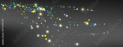Cyan, Gold, Blue Stars Confetti. Shimmering Shiny particles. Scattered little sparkling, glitter light points. Stellar falling on black background. New Year Christmas background. Vector illustration.