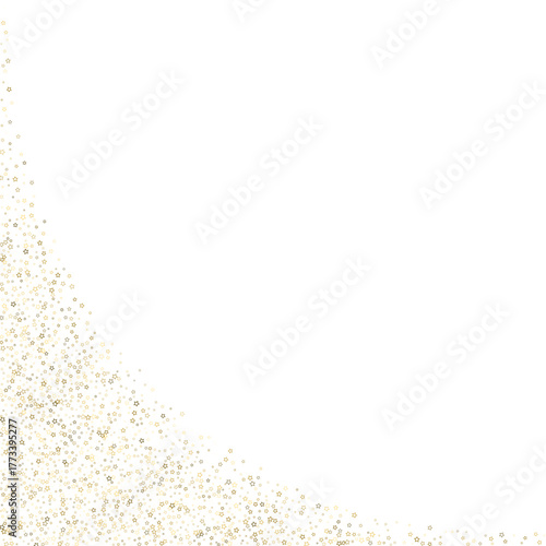 Gold Glitter Stars. Luxury Shiny Confetti. Scattered little sparkle. Flash glow silver element. Random magic tiny light. Stellar fall white background. New Year, Christmas Vector illustration.