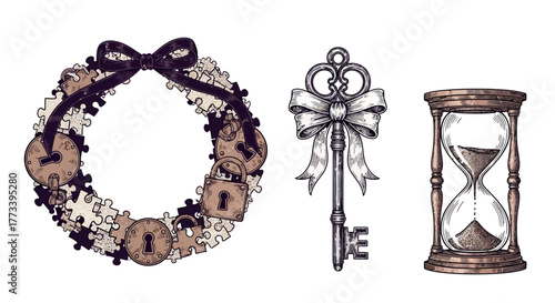 Elegant escape room vector elements with puzzle wreath, skeleton key, and hourglass for immersive game branding