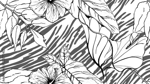 Black and white tropical seamless pattern. Contrast exotic graphics print. Modern stripes motif. Summer flower, leaf on abstract brush. Organic, tropic vector background.Watercolor daubs, ink, stains.