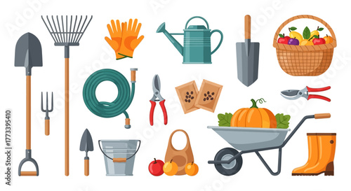 A variety of garden tools and harvest vegetables and fruits displayed on a white background