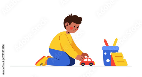 Vibrant illustration of a young boy engrossed in imaginative play, pushing a toy car on the floor, alongside colorful art tools, promoting creative childhood learning experiences