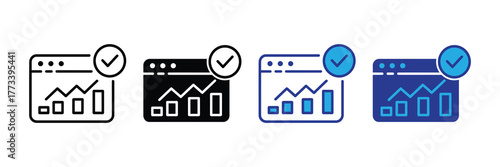 Four different icons of a graph with a checkmark, representing data analysis and successful metrics, isolated on white background
