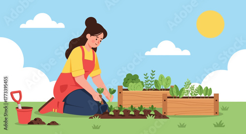 Gardening Delight A Woman Planting Vegetables in Her Sunny Garden, Nurturing Nature Whisk_31c84e36f20834eb3e24ea17d59582a9dr